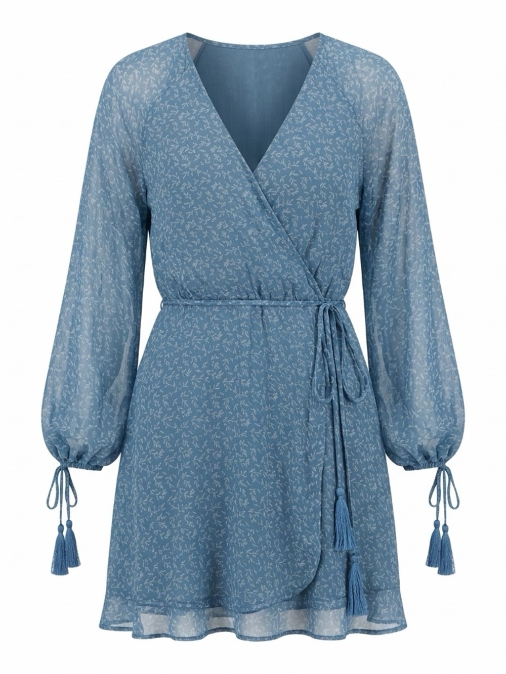 Blue Wrap Mini Dress with Tassel Tie